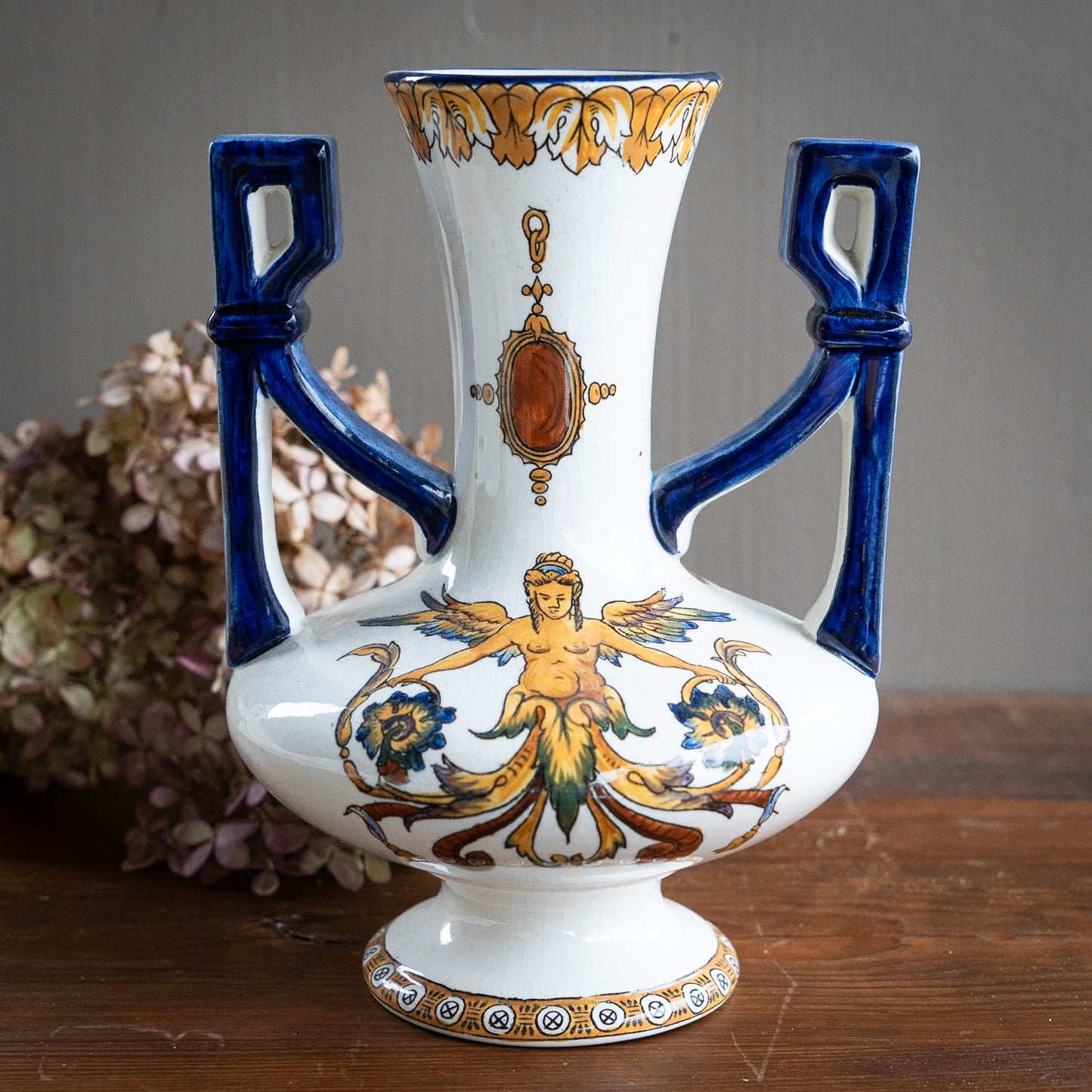 Vintage Polychrome Vase "Renaissance" with Double Blue Handles - Gien - 1950s - The Vintage Tales