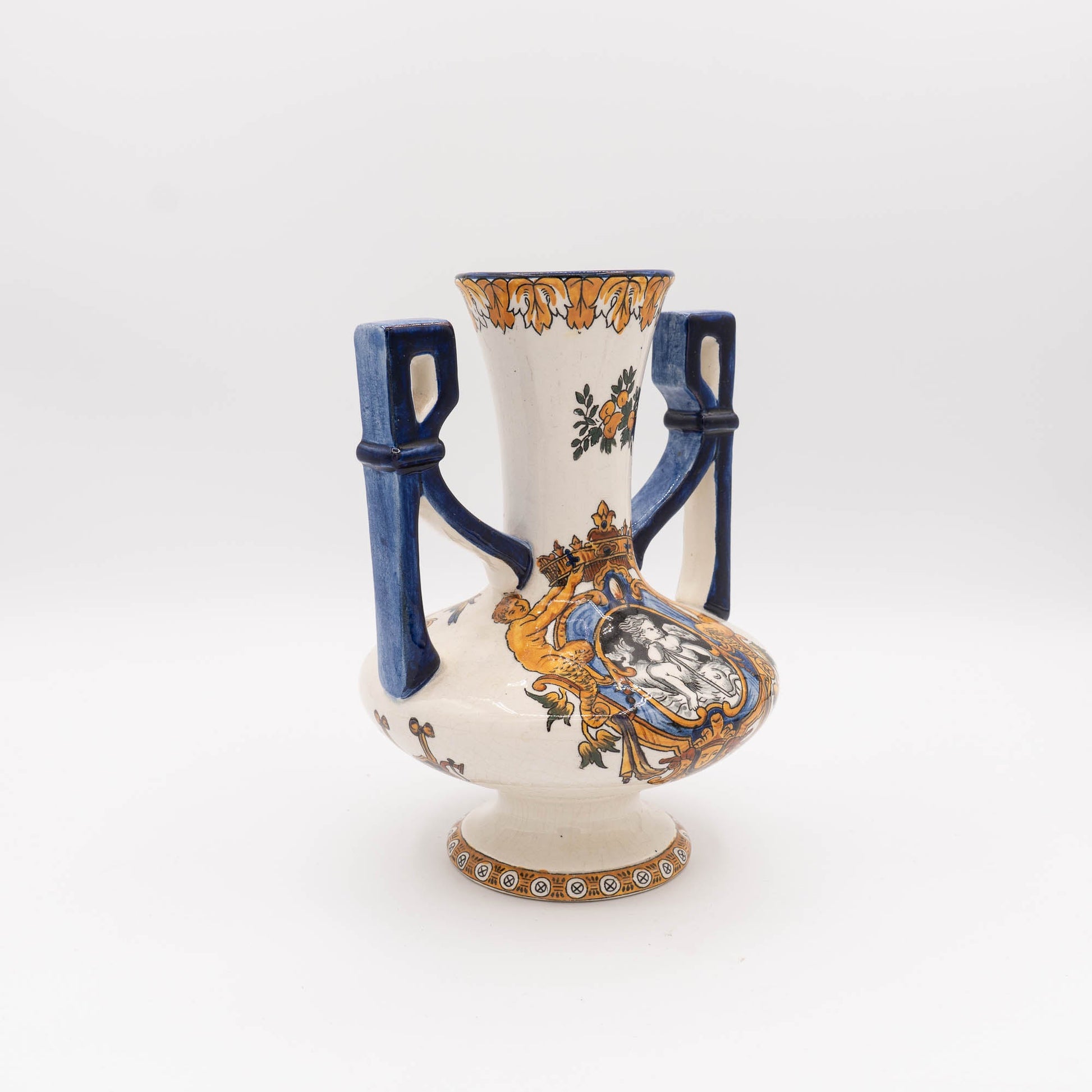 Vintage Polychrome Vase "Renaissance" with Double Blue Handles - Gien - 1950s - The Vintage Tales