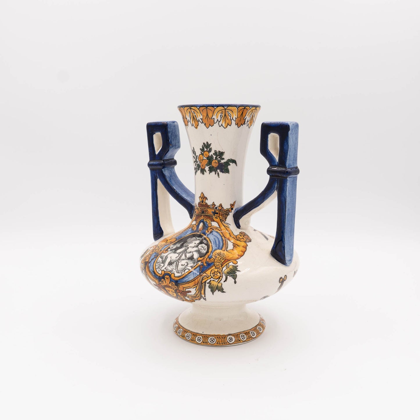 Vintage Polychrome Vase "Renaissance" with Double Blue Handles - Gien - 1950s - The Vintage Tales